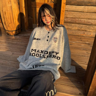 美式复古亨特领字母印花毛衣女秋季宽松慵懒设计感针织衫情侣上衣