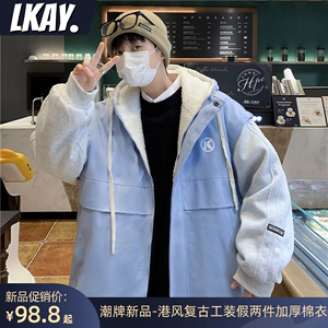 港风加绒假两件加厚工装棉衣棉服