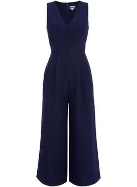 21春季新款出口欧单复合布深蓝色V领无袖七分宽腿高个子连衣裤