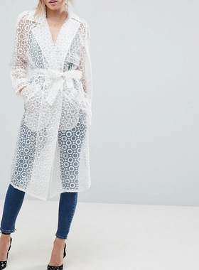 外贸欧单21春季新款全透白色欧根纱绣花风衣高个子外套