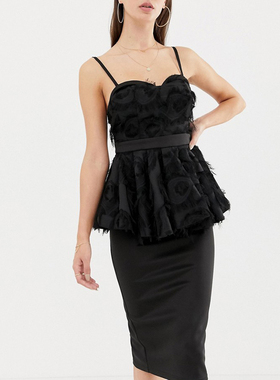 欧单春季女装黑色剪花布胸杯款修身高个礼服连衣中裙聚会表演年会