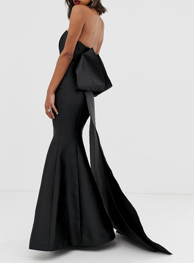 出口尾货黑色抹胸后背蝴蝶结表演走秀超长拖地晚装礼服连衣裙超模