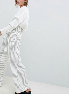 21年新款女装欧单尾货白色条纹自系带垂感宽松宽腿通勤休闲长裤