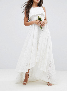 出口欧洲蕾丝欧更纱复合面料高个子敬酒服婚礼服婚纱白色长连衣裙