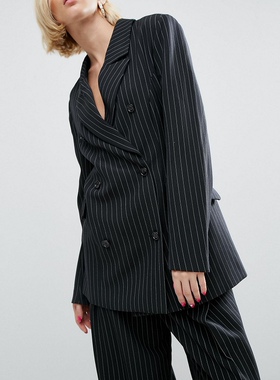 2022年春季欧单尾货宽松双排扣黑色细条纹西装高个子女装年会礼服