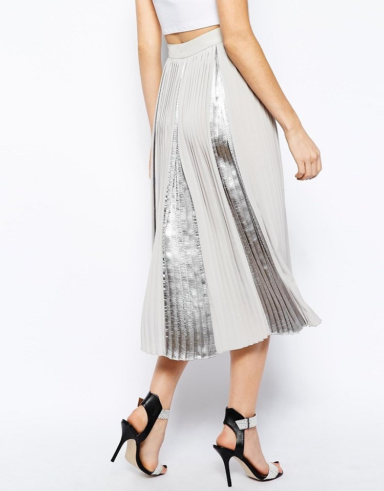 2021春季欧美范银灰撞色拼接高腰百褶压褶皱半身腰裙中长裙通勤