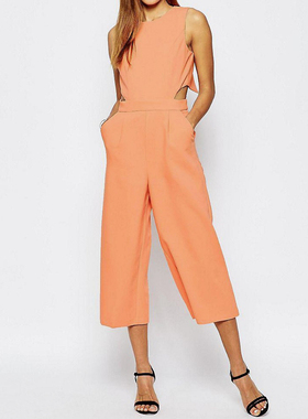 22年春季新款橘黄色后背开叉无袖高腰宽腿七分连衣裤连体裤