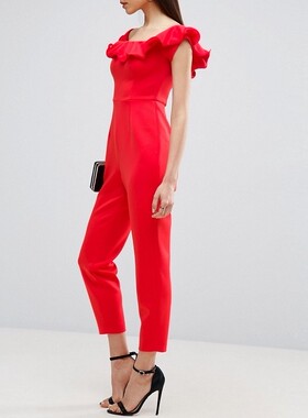 20春季新款欧单大红色荷叶一字领边修身显瘦小脚九分礼服连衣裤