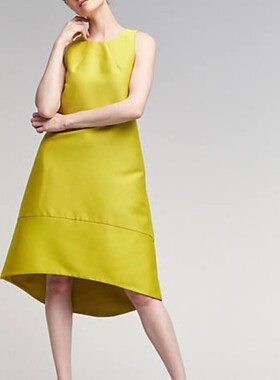 21春季新款出口欧单黄色无袖圆领燕尾A字高个子中长连衣裙