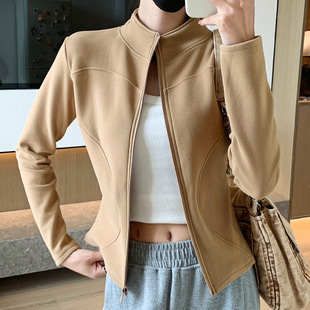 秋冬新款 考拉绒运动外套女双弧曲线紧身立领保暖上衣气质拉链开衫