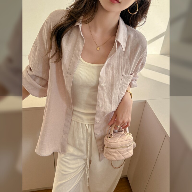 亚麻衬衫春夏季防晒衣服女士长袖纯色宽松外套轻奢高级感外穿薄款