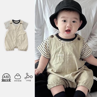 婴儿套装夏季新款男女宝宝条纹衣服夏装背带裤两件套连体衣外出服