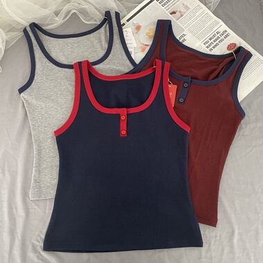 古妃13029早秋新款撞色钮扣无痕无袖背心女内搭外穿修身显瘦上衣