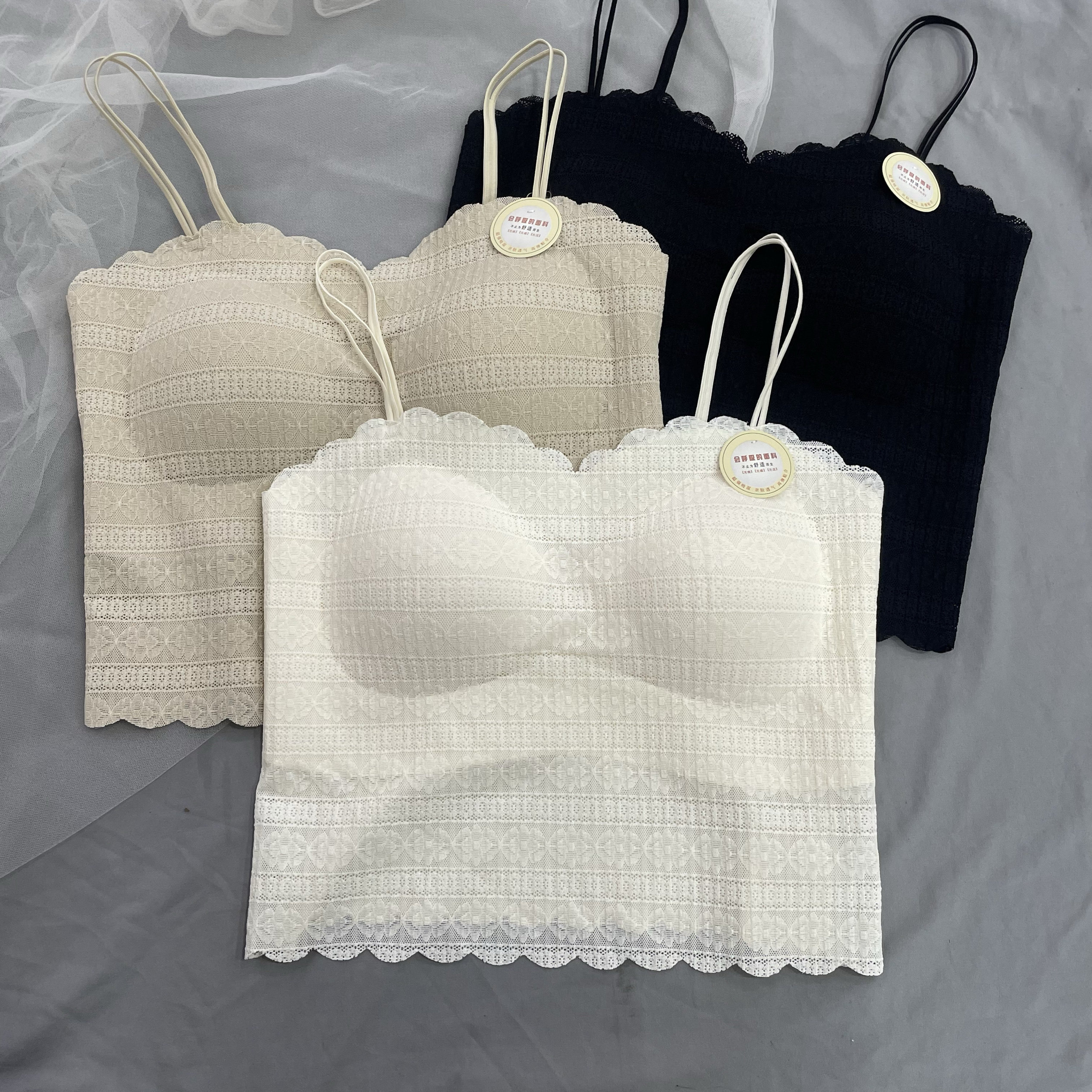 黛美芮3518无痕防走光法式蕾丝美背吊带双细肩带固定抹胸背心内衣图片