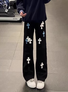 十字架刺绣牛仔裤男款春季美式高街vibe裤子潮牌痞帅炸街微喇长裤