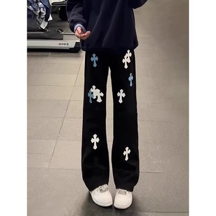 十字架刺绣牛仔裤男款春季美式高街vibe裤子潮牌痞帅炸街微喇长裤