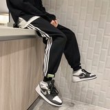 21年秋季运动裤黑灰三杠条纹休闲长裤韩版潮流百搭束脚裤1598-P25，女装休闲裤，星座1703A-1
