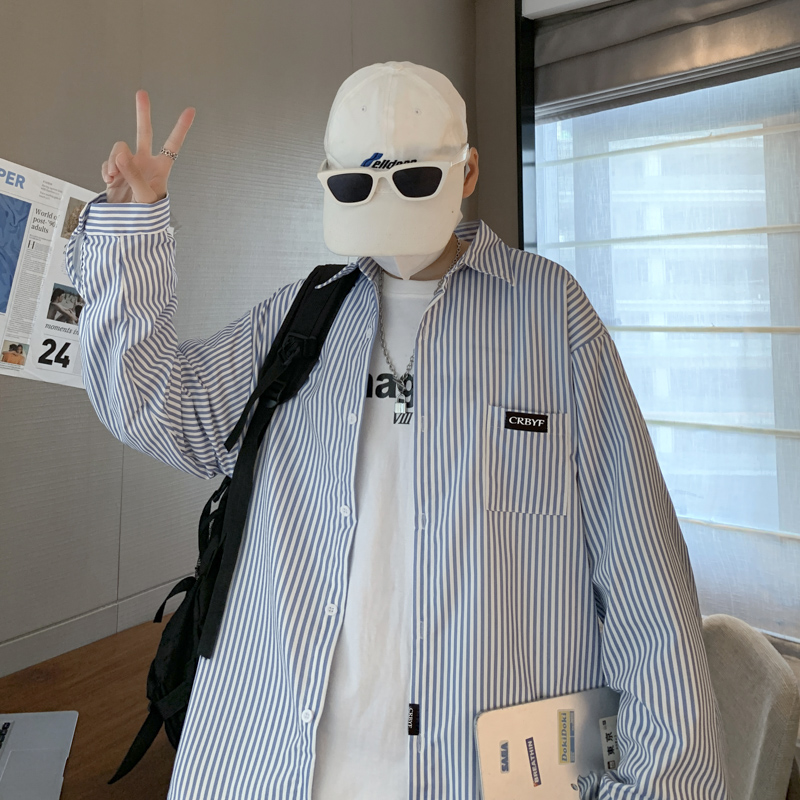 2024春季新款竖条纹衬衫长袖潮男原宿风复古痞帅衬衣CS1152-P28，男装衬衫，星座1703A-1