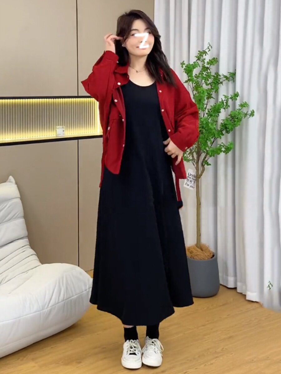 가을과 겨울 지방 MM 옷깃 셔츠 재킷 니트 조끼 스커트 슬림 투피스 유행 세트 여성을위한 플러스 사이즈 패션 기질 정장