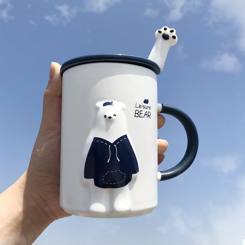 ins杯子网红高颜值马克杯带盖勺呆萌卡通情侣陶瓷早餐水杯家用男