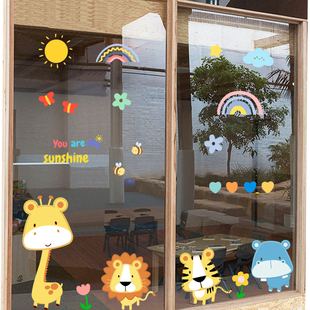 幼儿园培训兴趣班保健院可爱动物玻璃门贴纸透明静电自粘装饰贴画