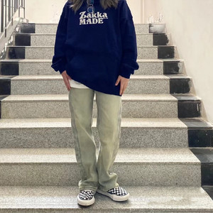 黄泥复古牛仔裤女秋季美式vibe风做旧宽松显瘦拼接直筒阔腿长裤子