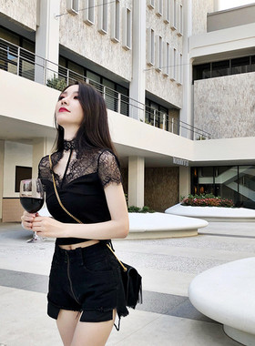 Ade独家定制 黑色蕾丝上衣女夏2023新款网纱性感镂空短袖打底衫潮