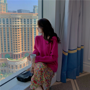 2023春季新款宽松甜美慵懒风百搭外穿套头洋气枚红色海马毛毛衣女