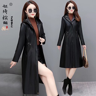 休闲中年女士加棉连帽妈妈风衣 大码 海宁皮衣外套女中长款 秋冬新款