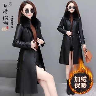 可拆毛领皮衣女中长款2025秋冬新款修身显瘦保暖风衣夹棉加绒外套