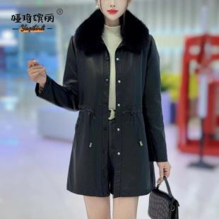 海宁皮衣外套女中长款带毛领加绒加厚时尚洋气中年妈妈装收腰大衣