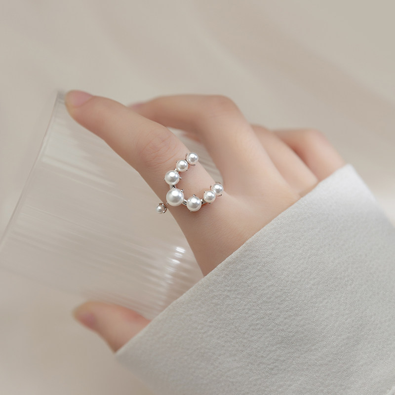 爱洛奇 s925银开口戒指女日韩版甜美小清新贝珠合成珍珠双层手饰