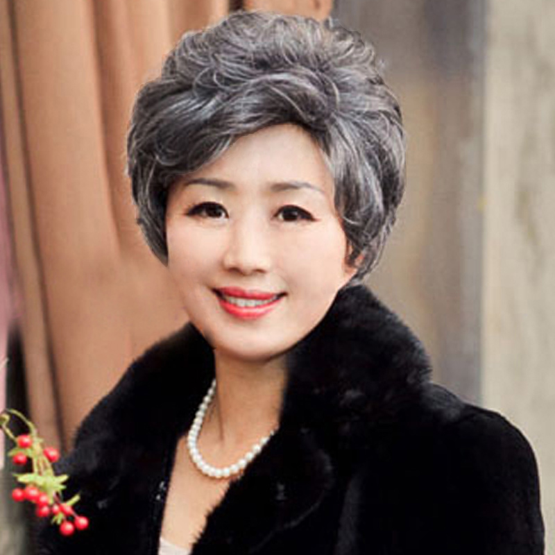√女王节礼物送妈妈真发中老年假发女士花白色真人发短发短卷发