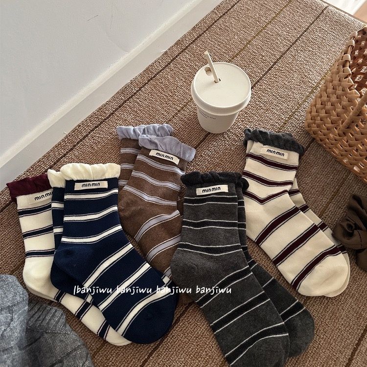 韩系泡泡口条纹女童中筒堆堆袜