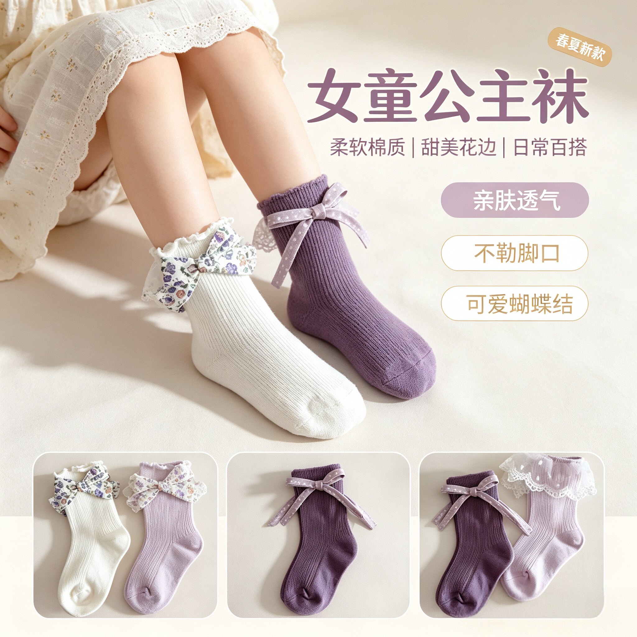 秋冬女童薄款中筒袜紫色花边