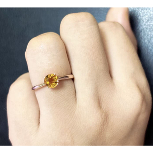 招财天然黄水晶戒指女 925纯银圆6mm简单宝石活口指环显白显手长