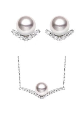 天然白色珍珠耳钉女 925纯淡水珍珠V形项链可调节简约时尚通勤首