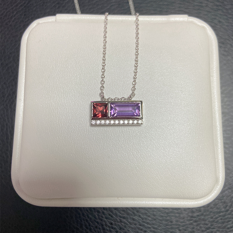 天然紫水晶石榴石吊坠女 925纯银手工包镶宝石项链个性小众首饰