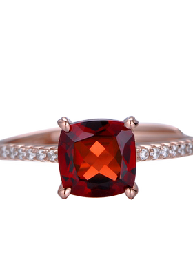 天然纯银方形红色活口石榴石戒指