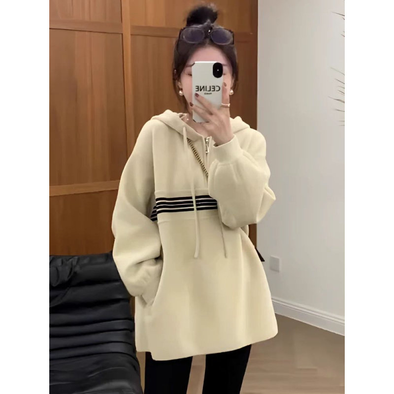 卫衣女2025春秋新款加绒加厚圆领宽松外套休闲慵懒风上衣