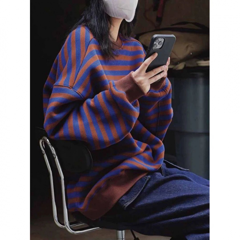 美式复古条纹卫衣女春秋冬新款