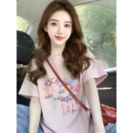 学院风宽松休闲纯棉女T恤夏季新款遮肉显瘦百搭减龄粉色印花上衣