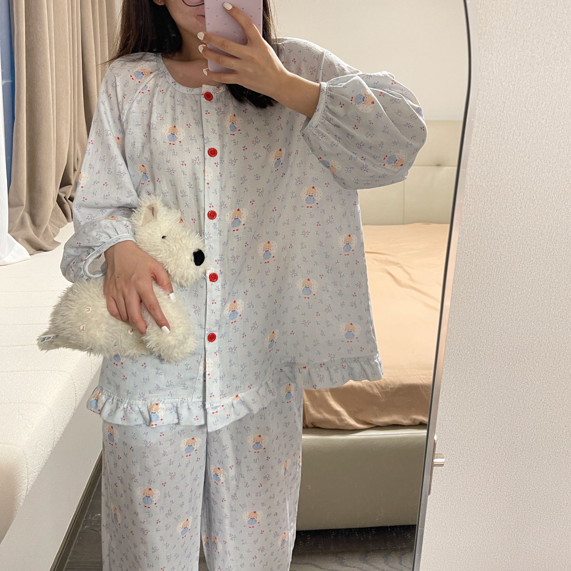 禾昊HohowHome圆领花边长袖长裤纯棉双层纱睡衣女亲肤透气可外穿