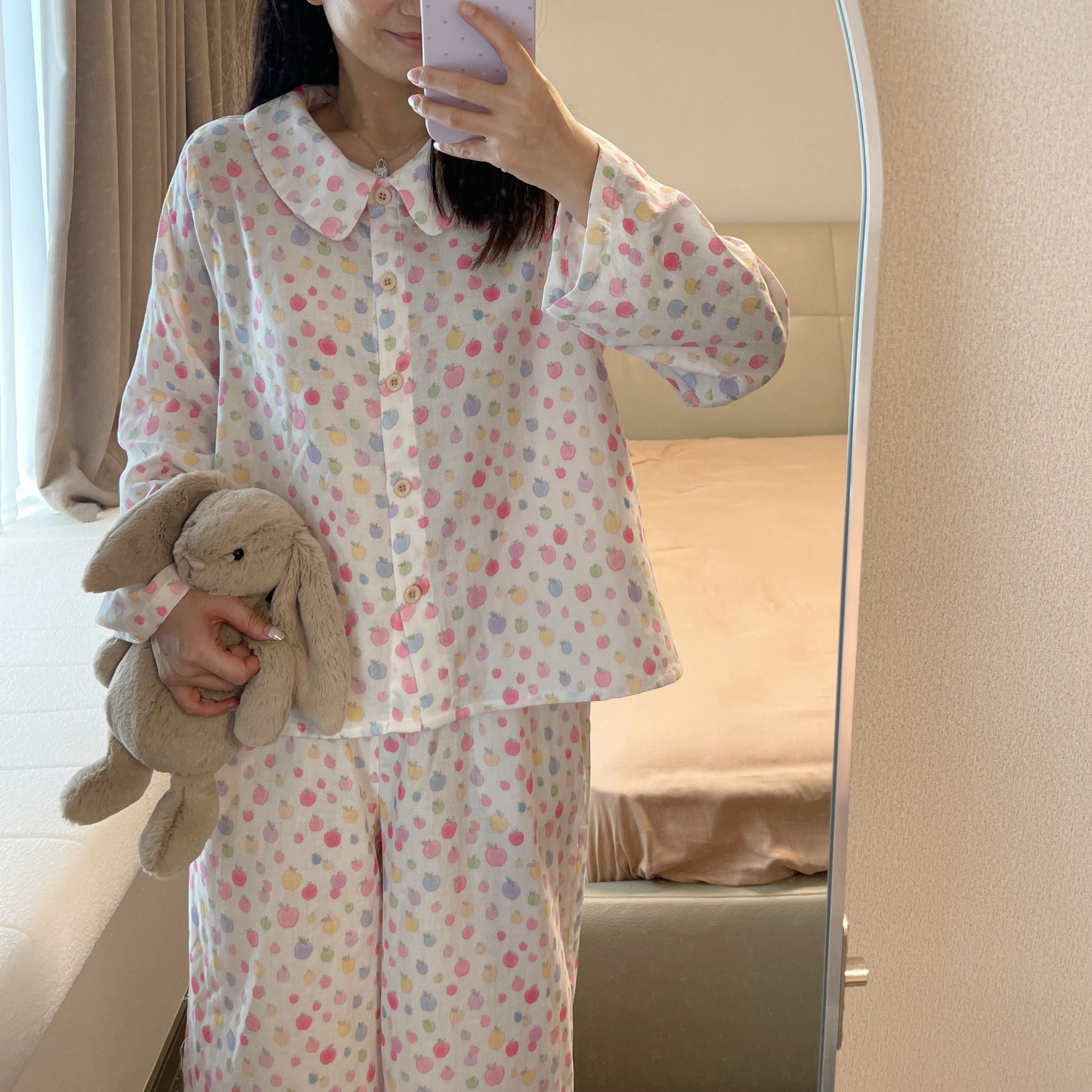禾昊HohowHome翻领长袖长裤纯棉双层纱亲肤透气居家睡衣女可外穿