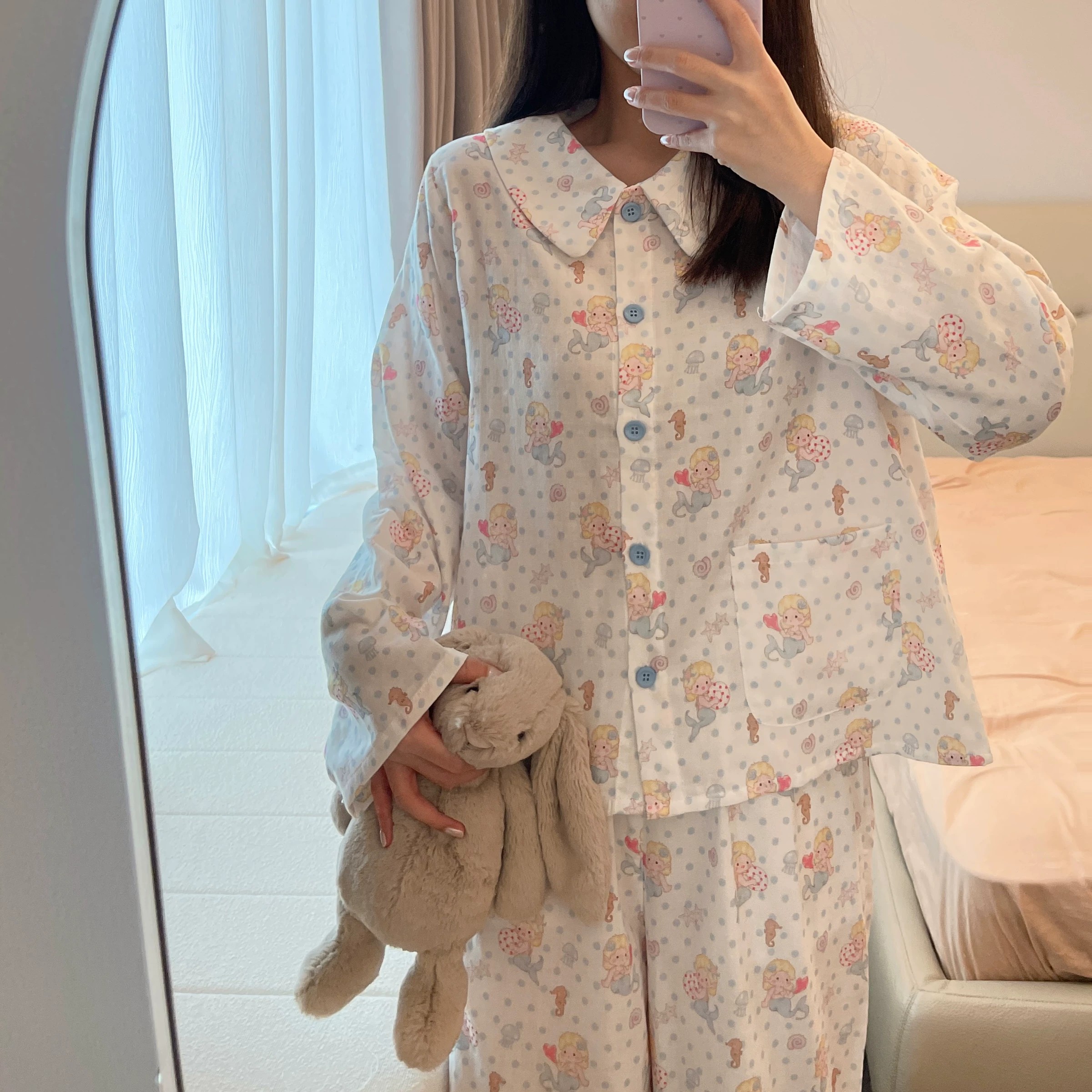 禾昊HohowHome波点系列翻领长袖长裤纯棉双层纱居家睡衣女可外穿