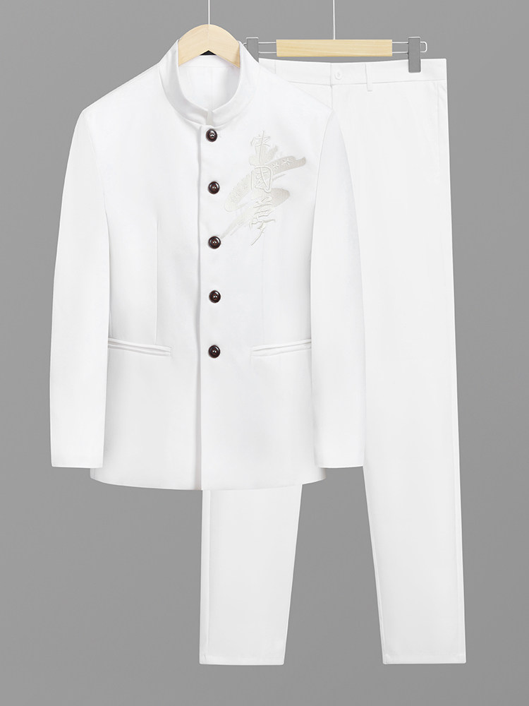 SPRING AND AUTUMN NEW TUNIC SUIT SUIT MENS STAND COLLAR CASUAL PLUS SIZE CHINESE DREAM EMBROIDERY SUIT TWO-PIECE SUIT