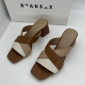 式 Biansix时尚 拼色真皮方头一字拖鞋 便鞋 女夏季 百搭度假外穿凉拖