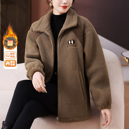 羊羔毛外套女秋冬季2024新款妈妈中长款加绒卫衣加厚棉服保暖冬装