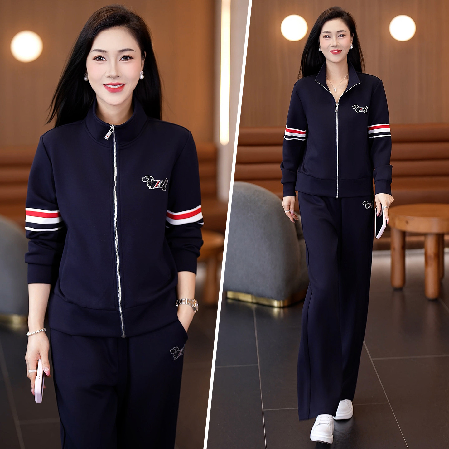 休闲运动套装女秋季新款宽松撞色条纹开衫卫衣两件套洋气减龄显瘦