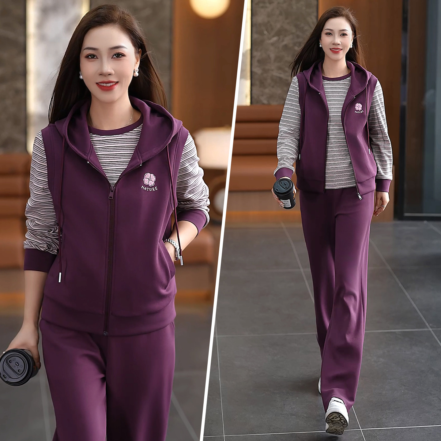 休闲运动套装女春秋新款连帽马甲条纹卫衣阔腿裤三件套显瘦减龄潮